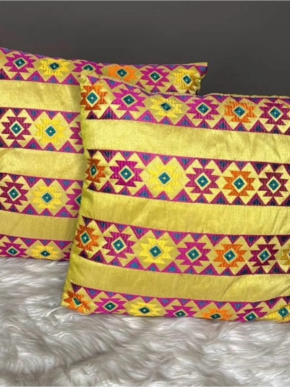 Embroidered Yellow Geometric Accent Pillow - Set of 2